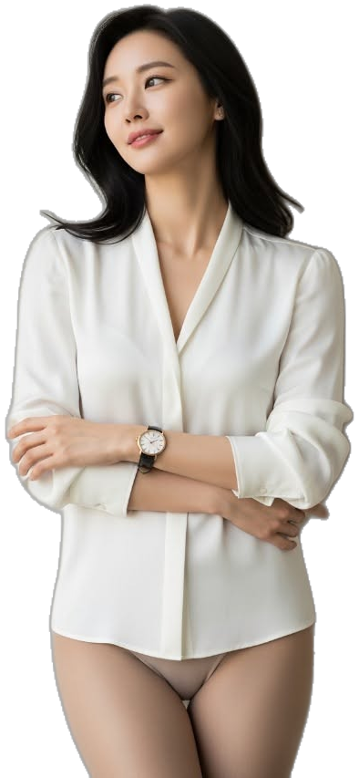 Woman in a white blouse and underwear with arms crossed