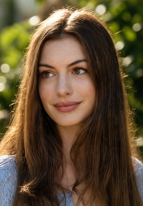 Woman with long brown hair and freckles looking to the side outdoors