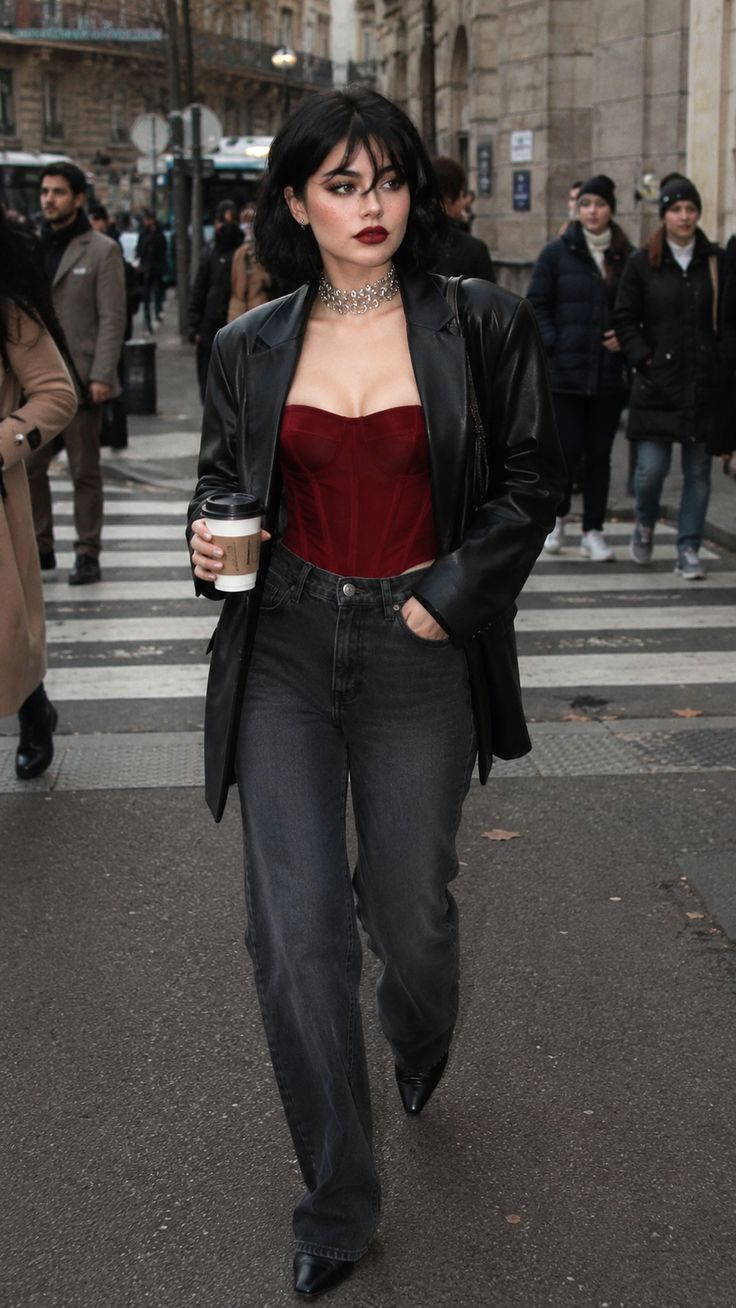 Woman in a red corset and black leather jacket walking on a street