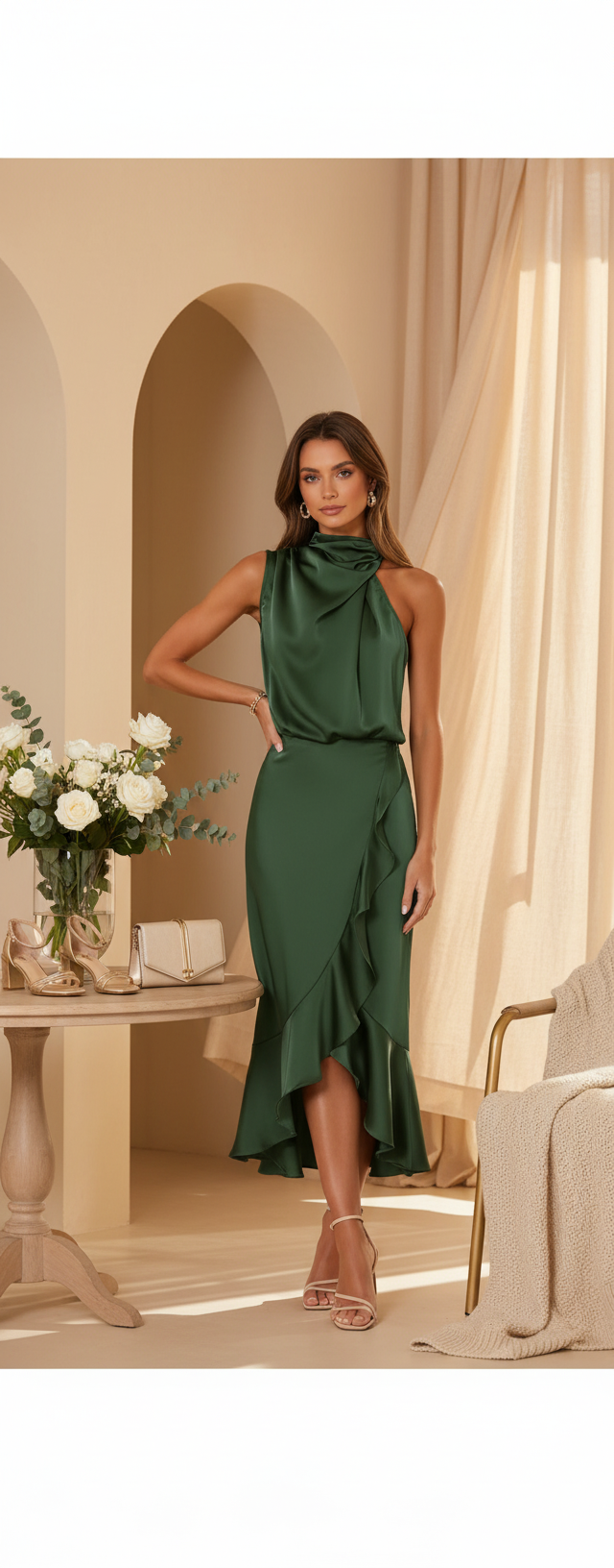 Woman in a green satin dress with ruffles and high heels indoors