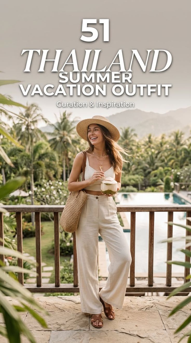 Woman in a straw hat and linen outfit holding a coconut drink at a tropical resort