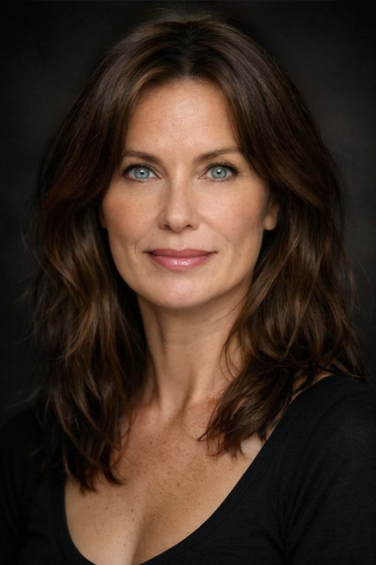 Woman with brown hair and blue eyes in a portrait shot with soft lighting