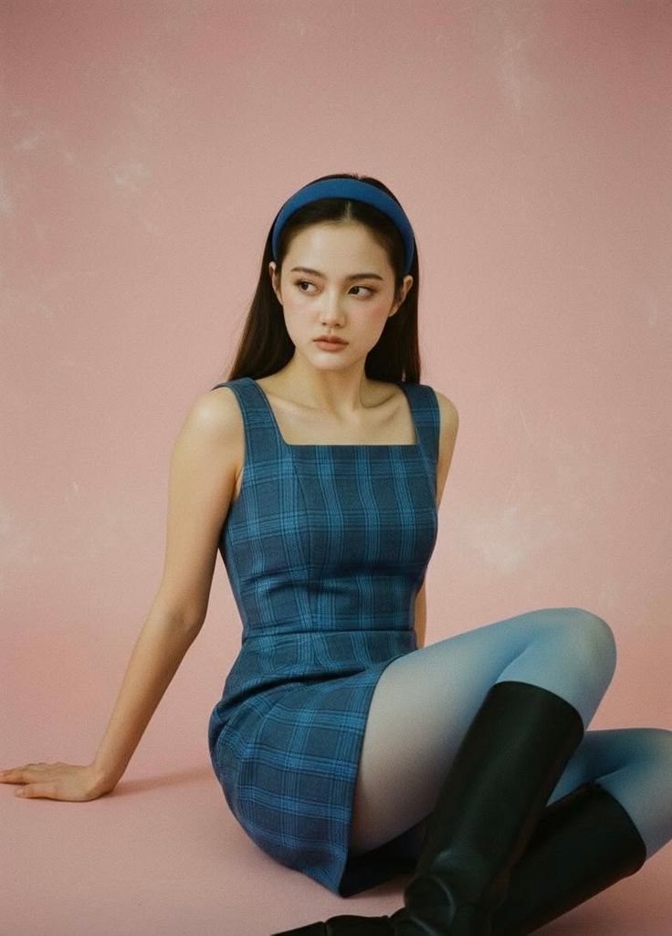 Woman in a blue plaid dress, blue tights, and black boots sitting against a pink background