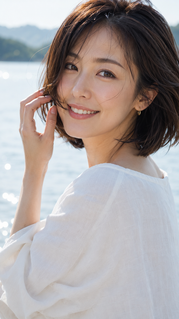 Woman with short hair in a white top smiling outdoors by sparkling water