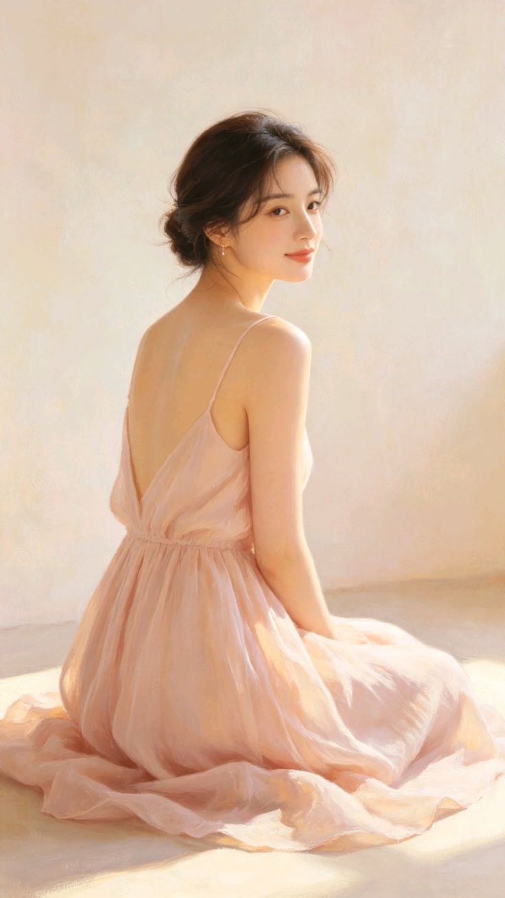 Woman in a pink dress with an open back, sitting indoors with soft lighting