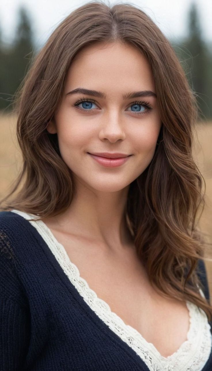 Woman with blue eyes and long wavy hair wearing a dark top with lace trim