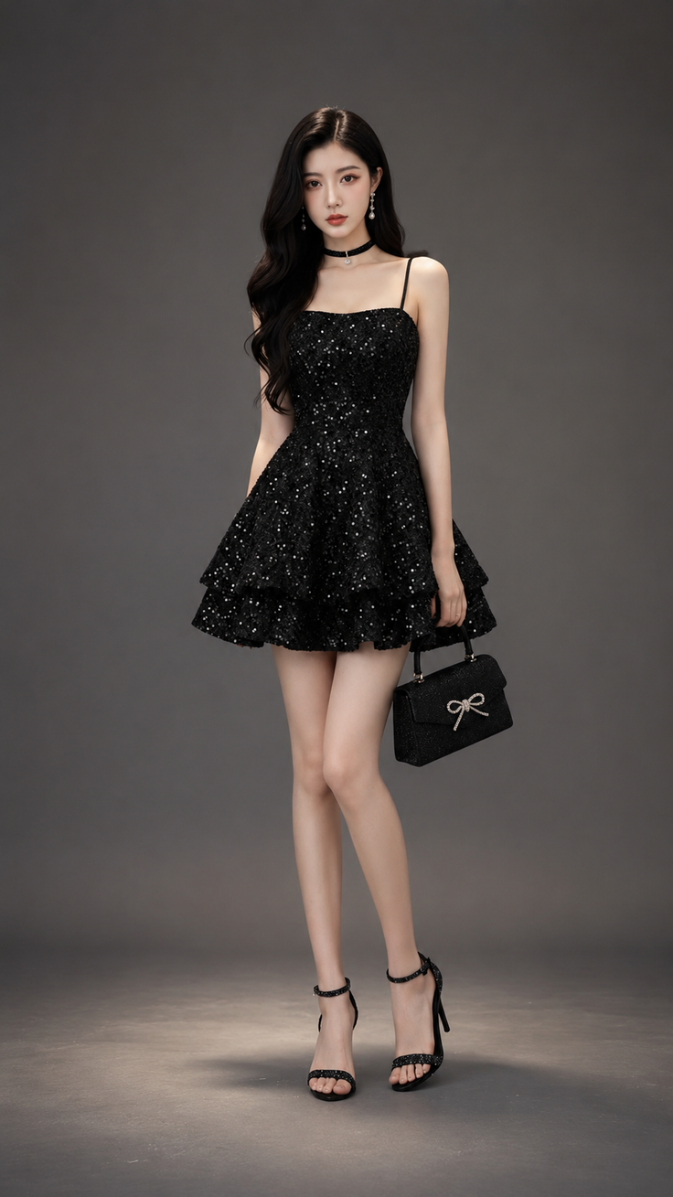 Woman in a black sequin dress and high heels holding a handbag