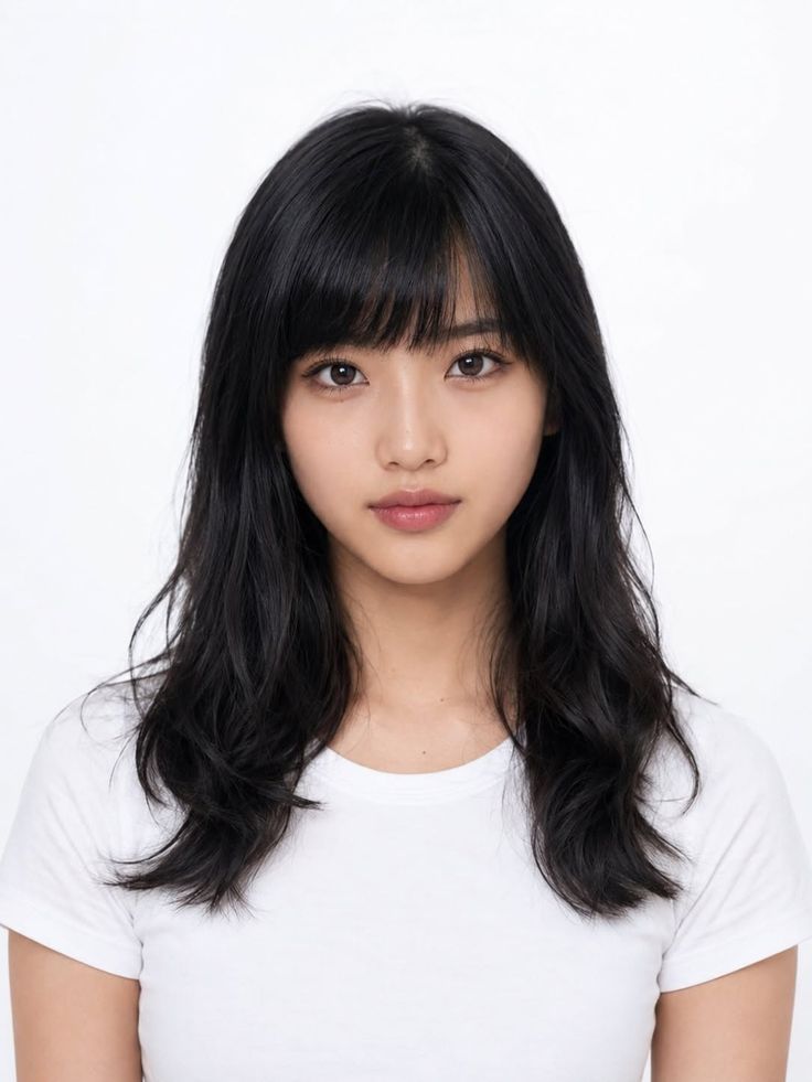 Woman with long black hair and bangs wearing a white t-shirt, portrait shot