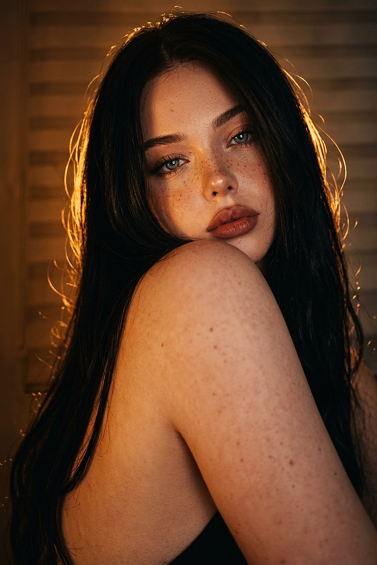 Woman with long dark hair and freckles looking over her shoulder