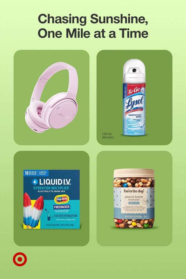Advertisement featuring various products on a green background