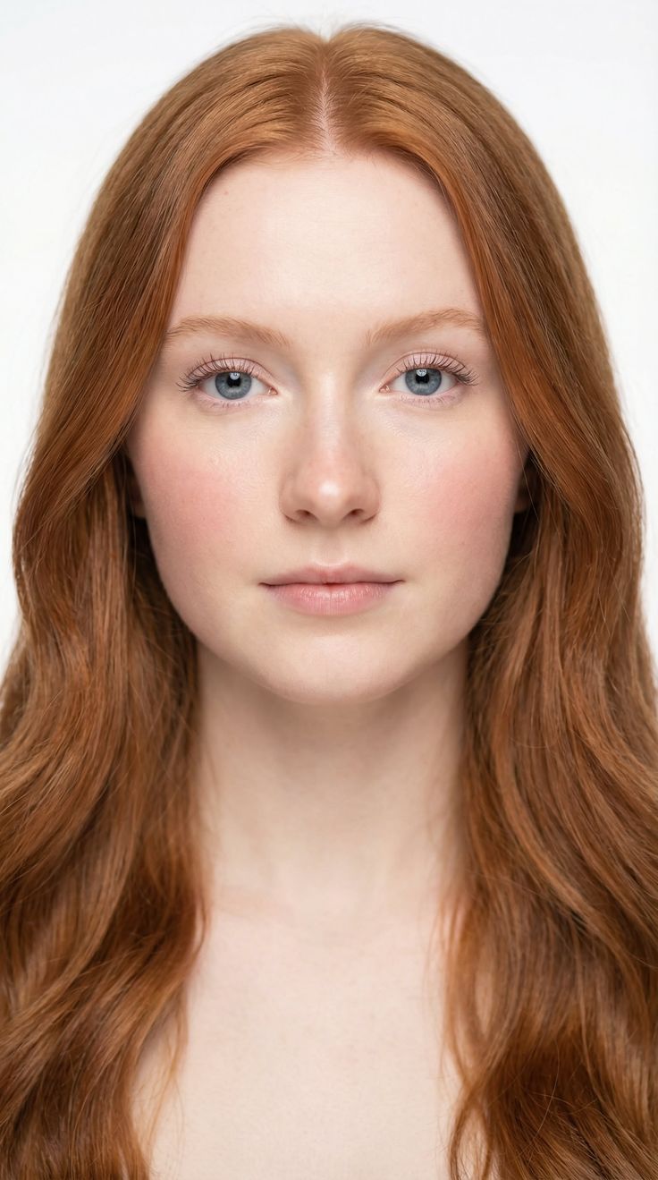 Woman with long red hair and blue eyes in a studio portrait