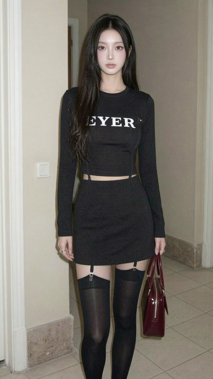 Woman with long black hair wearing a black crop top, mini skirt, and thigh-high stockings