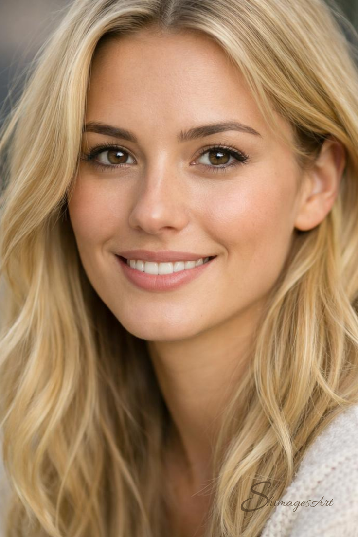Close-up portrait of a smiling woman with long blonde hair and brown eyes