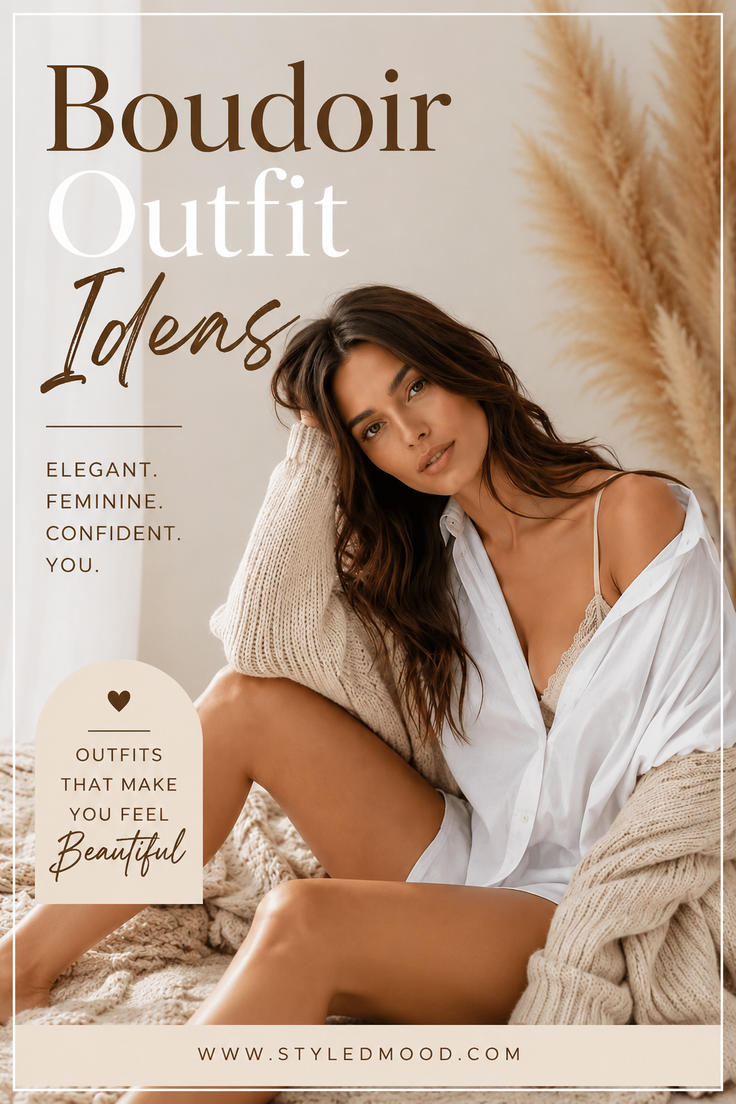 Woman in a white shirt and lace bralette with a knitted cardigan indoors
