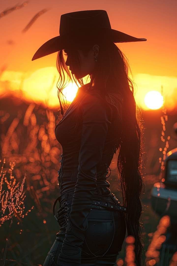 Woman in a cowboy hat and leather outfit silhouetted against a sunset