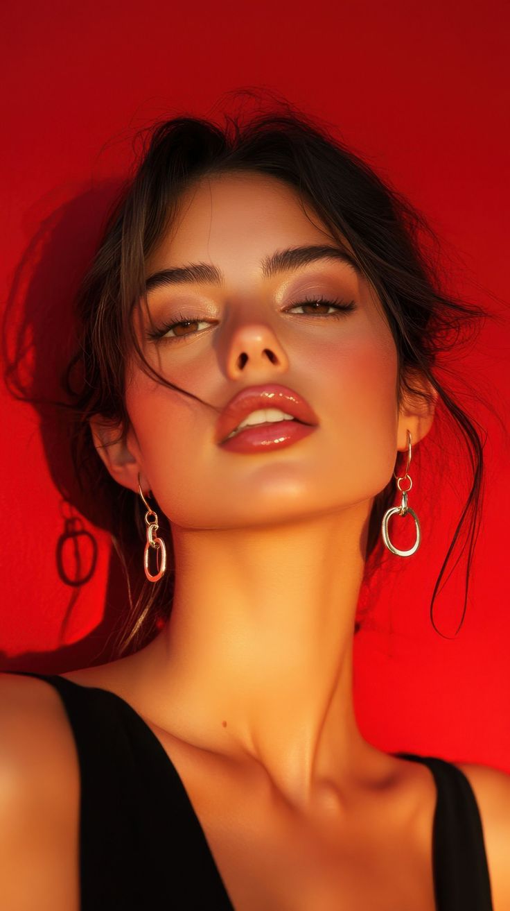 Woman with dark hair and earrings against a red background with dramatic lighting