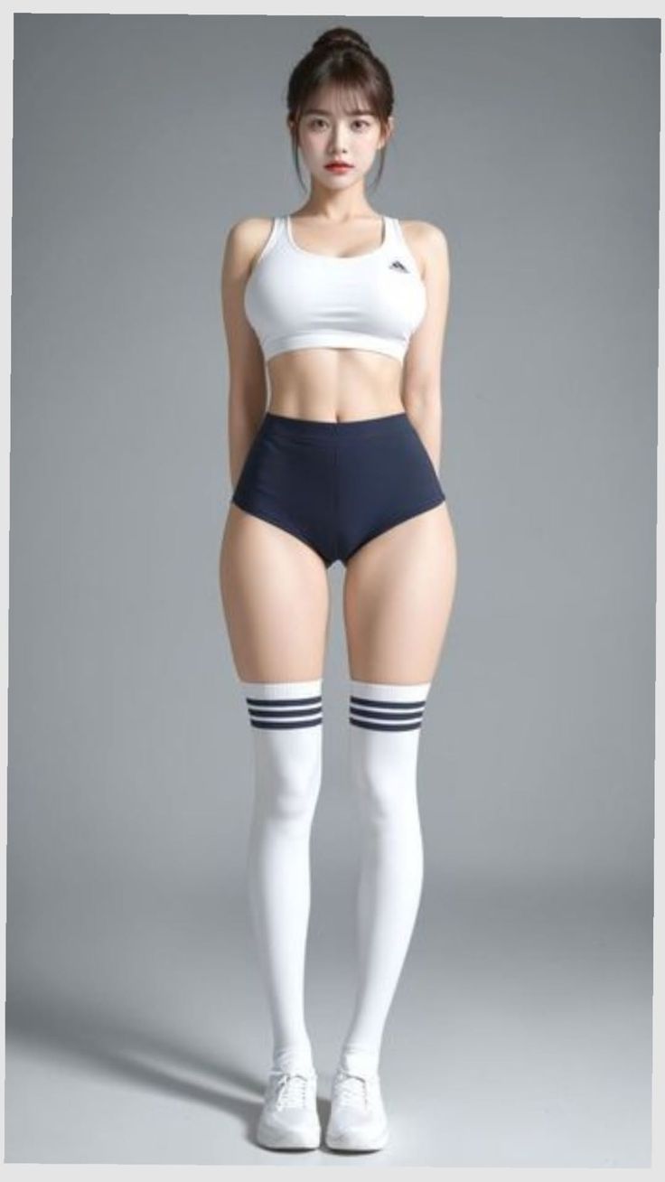 Woman in a white sports bra and dark shorts with thigh-high socks
