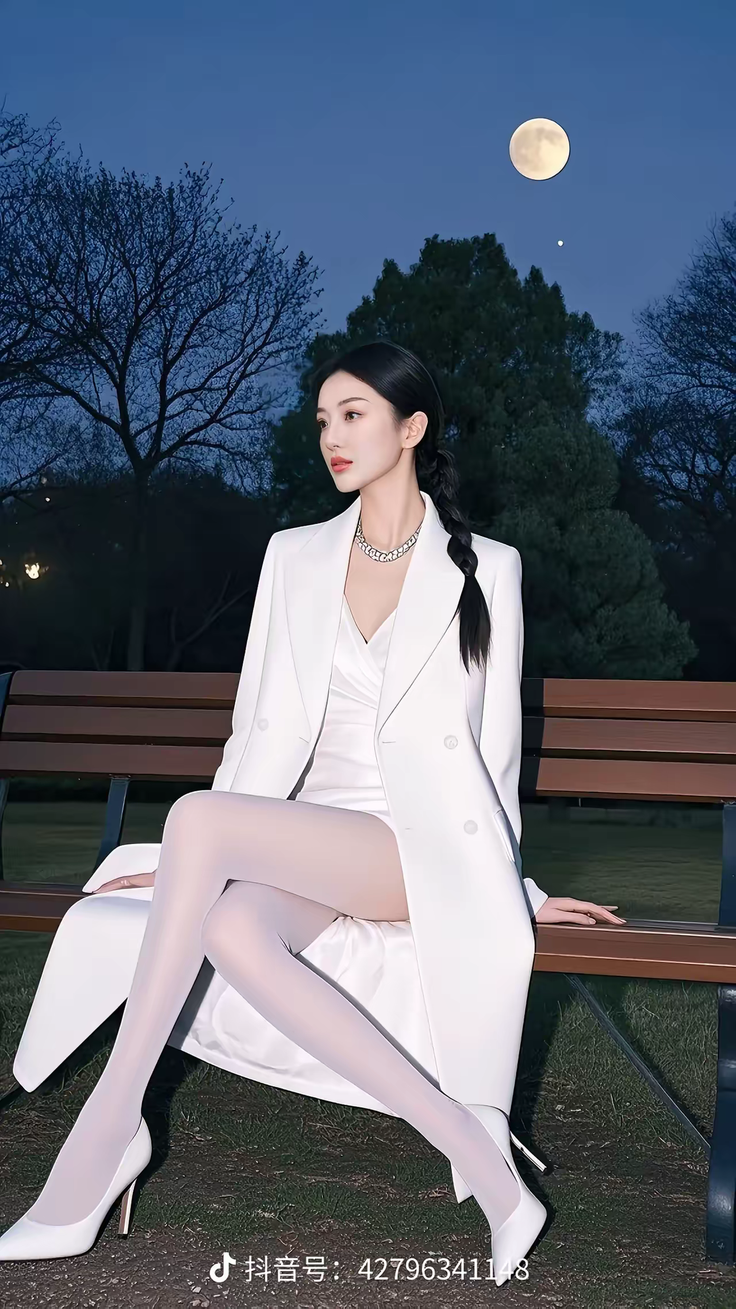 Woman in a white blazer and dress sitting on a bench at night under a full moon