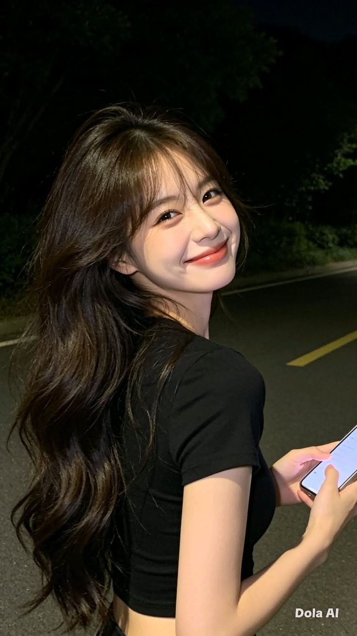 Woman with long dark hair smiling and holding a phone at night