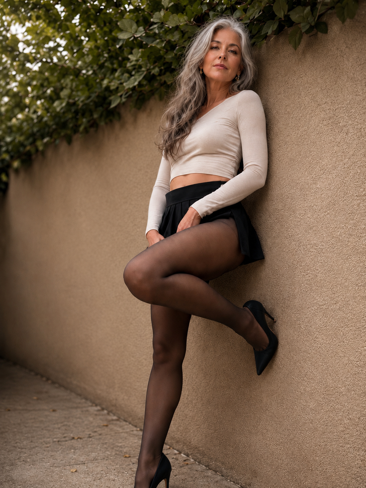 Woman with long grey hair in a crop top and mini skirt posing outdoors