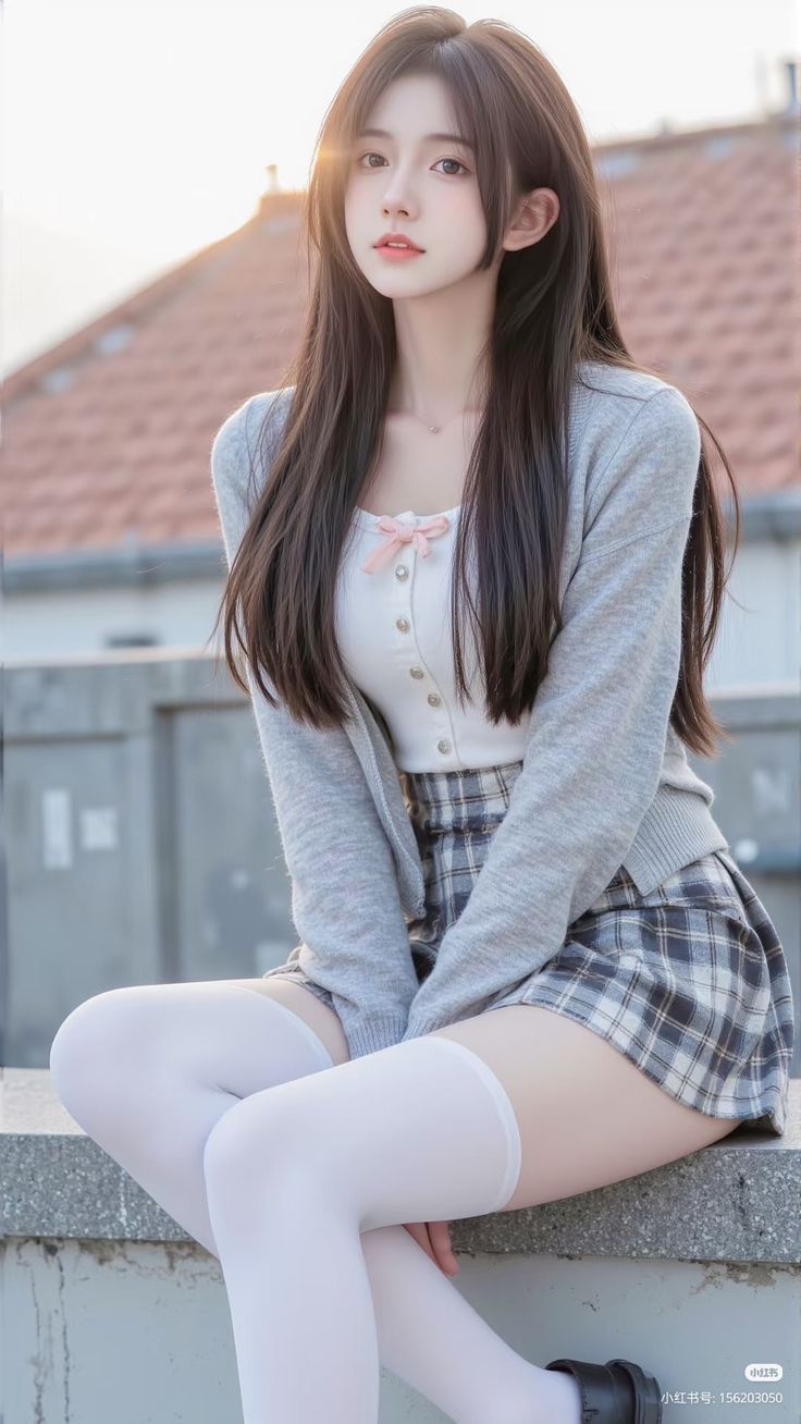 Woman with long hair wearing a plaid skirt and white thigh highs outdoors