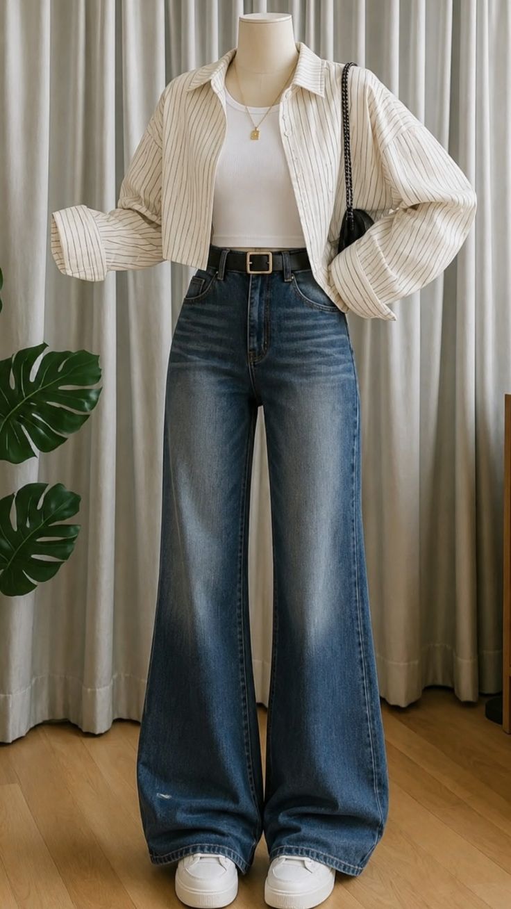 Mannequin wearing a casual outfit with wide leg jeans and a striped shirt