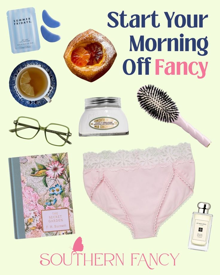 Flat lay of morning routine items including pink underwear and a pastry