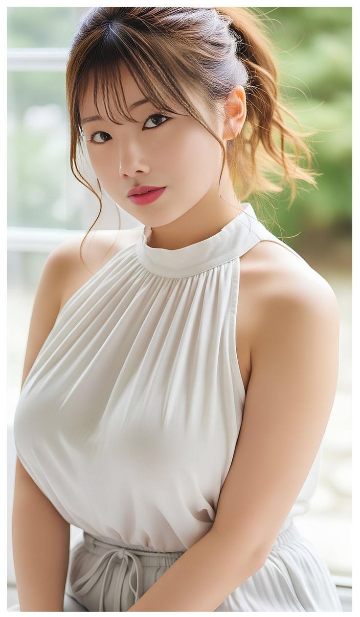 Woman with a ponytail wearing a light halter top and pleated skirt indoors