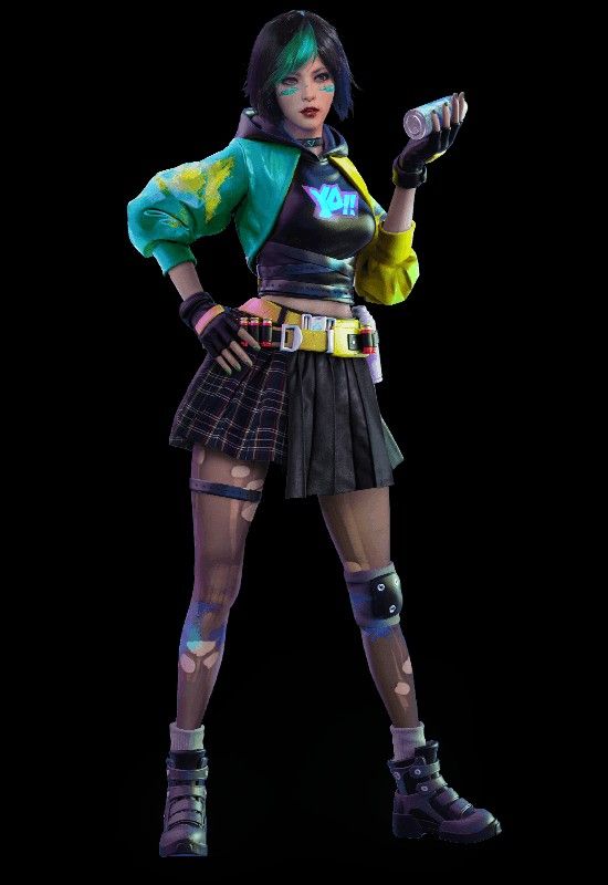 3D render of a woman with green-streaked hair in a cropped jacket and pleated skirt