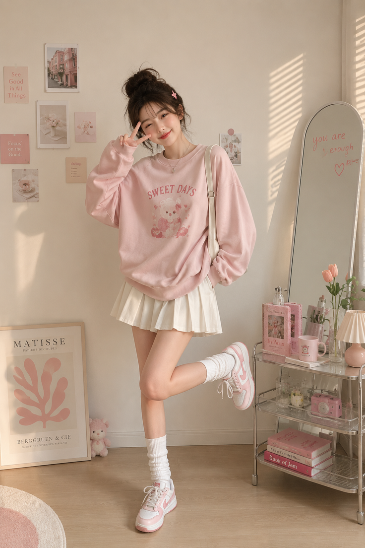 Woman in a pink sweatshirt and white pleated skirt posing indoors