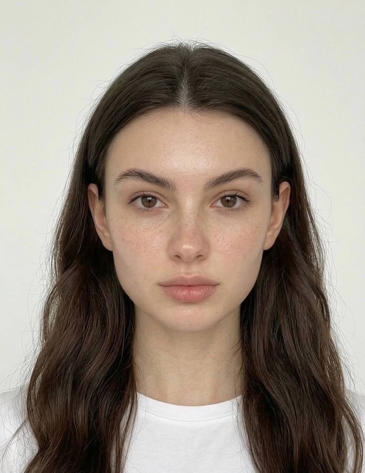 Woman with long dark hair and freckles wearing a white t-shirt