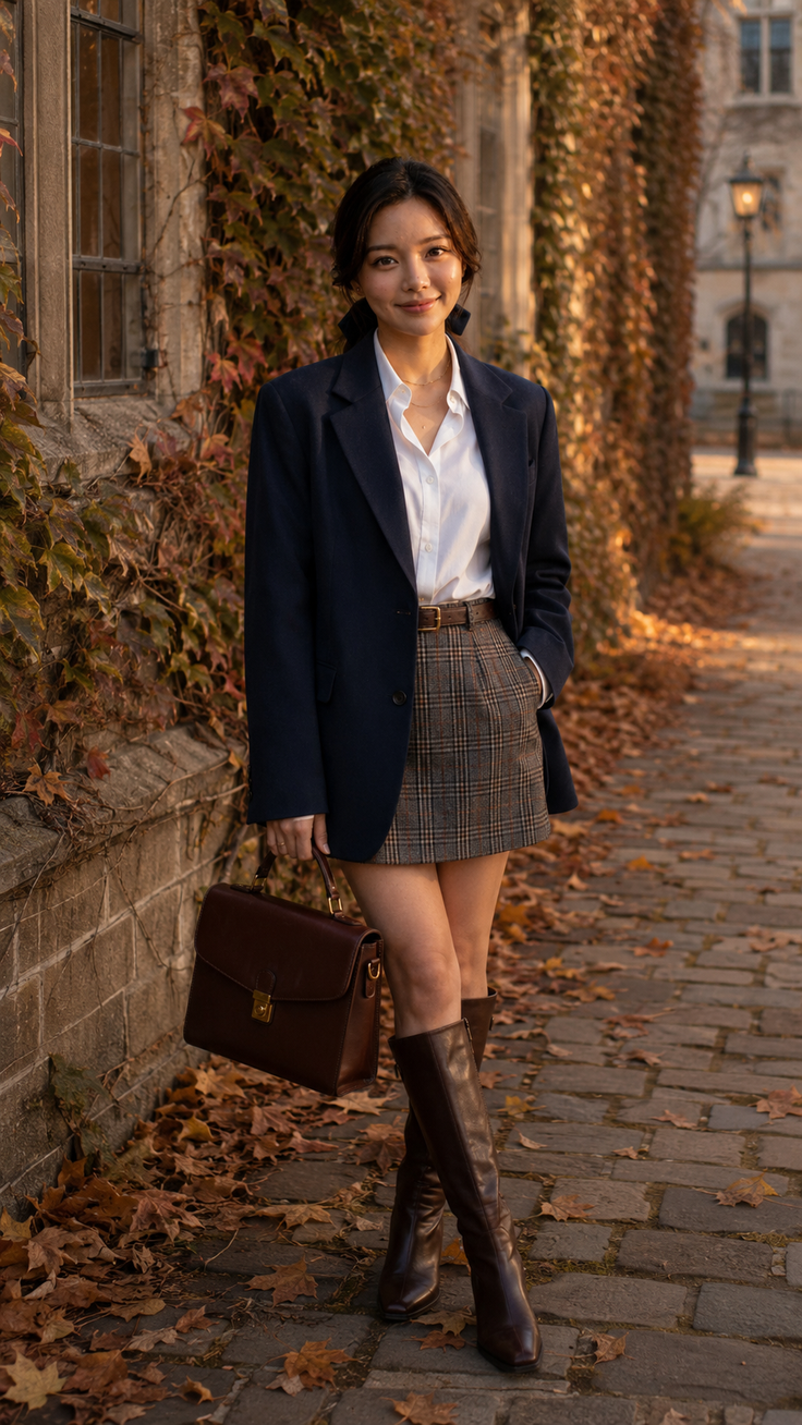 Woman in a blazer and plaid skirt standing on a path with autumn leaves