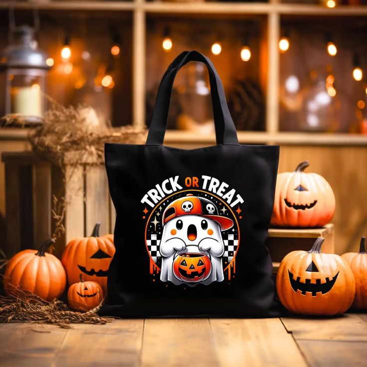 Black tote bag with a ghost character and jack o' lanterns in a Halloween setting
