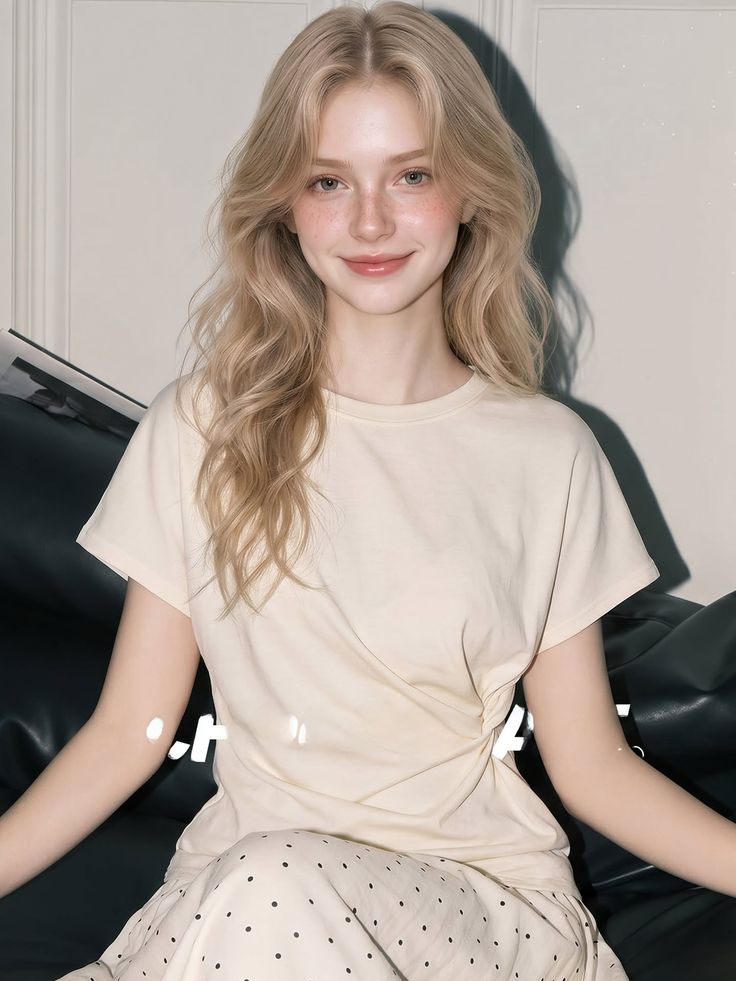 Young woman with blonde hair and freckles wearing a t-shirt and polka dot pants