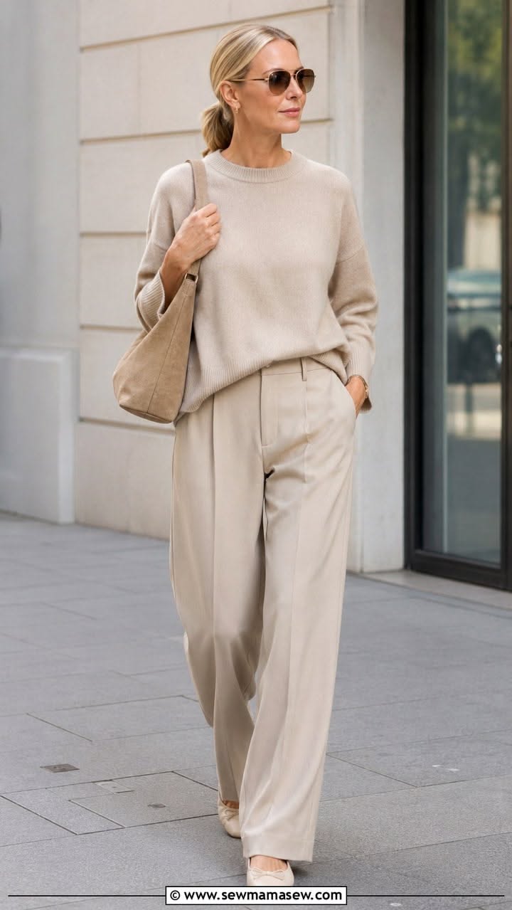 Woman in a beige sweater and wide leg pants walking on a street