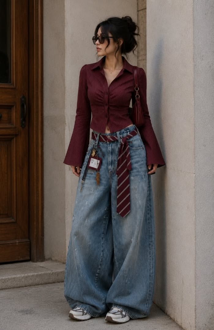 Woman in a maroon shirt and baggy jeans with a tie as a belt