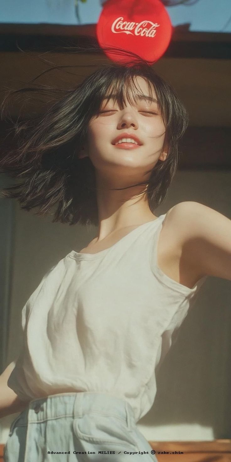 Woman with short hair and a white tank top, smiling with closed eyes