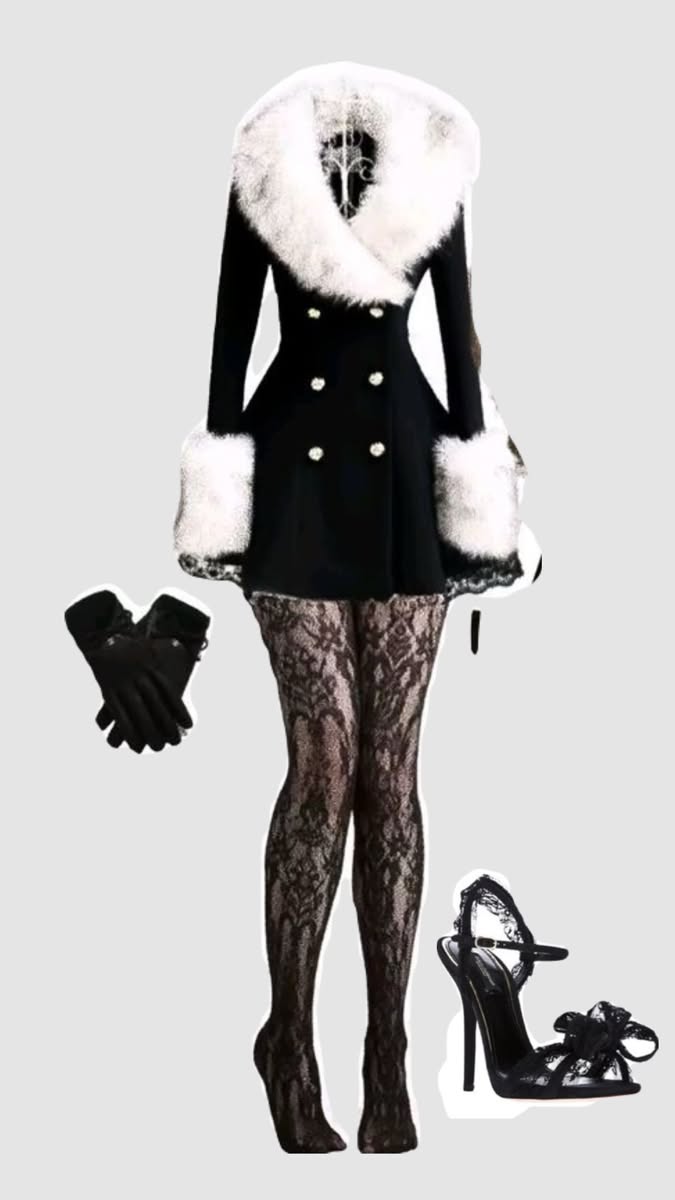 Black coat with white fur trim, lace stockings, and high heels