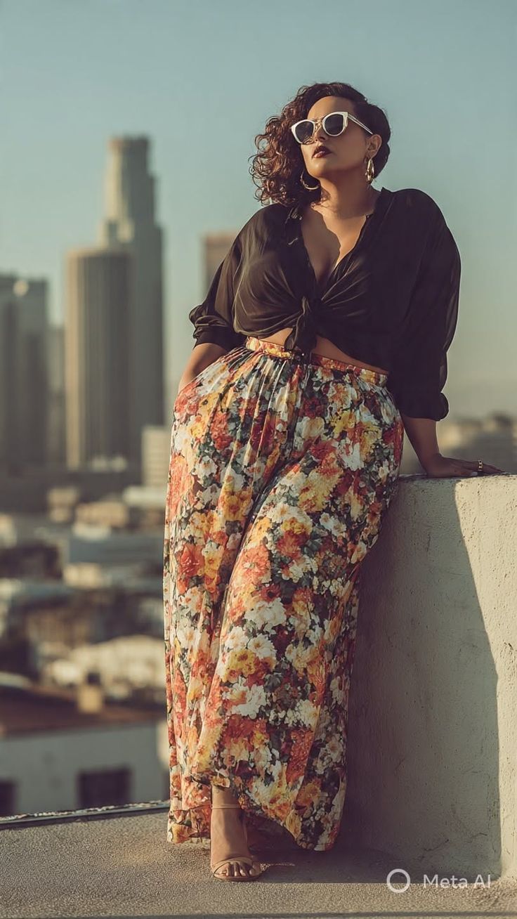 Woman in a floral skirt and black top on a rooftop with a cityscape background