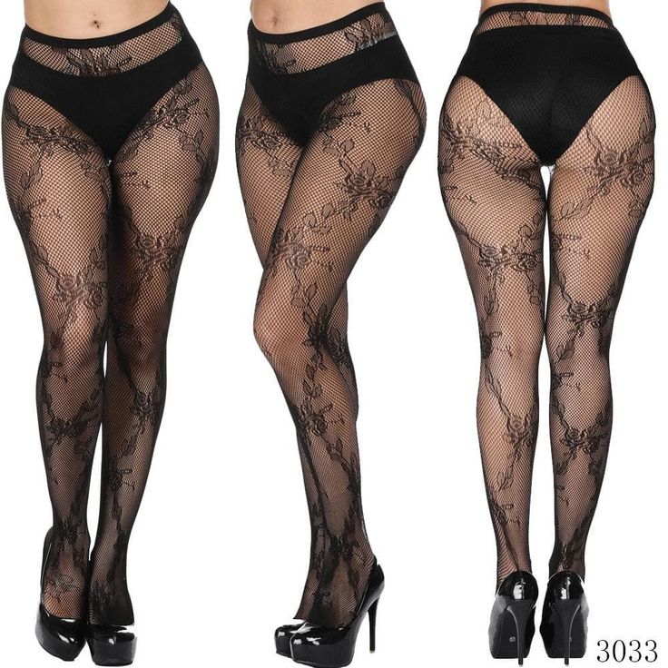 Three views of a person wearing black fishnet stockings with a floral pattern