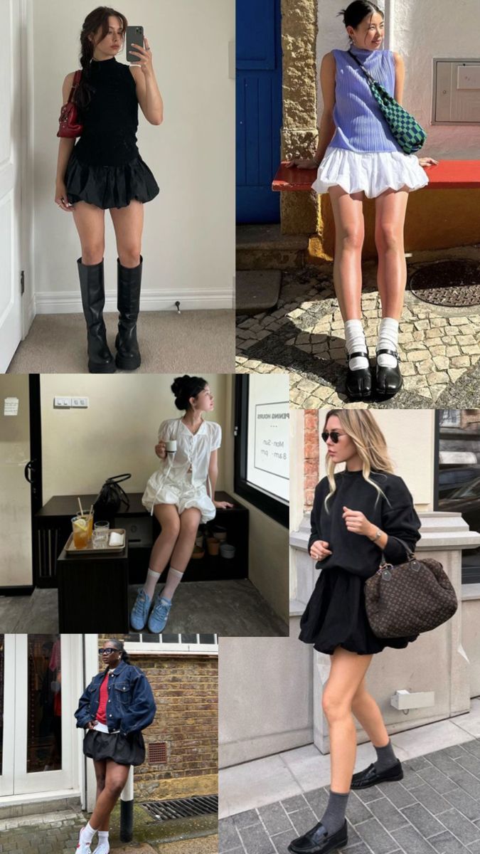 Collage of women in various outfits featuring mini skirts and different footwear