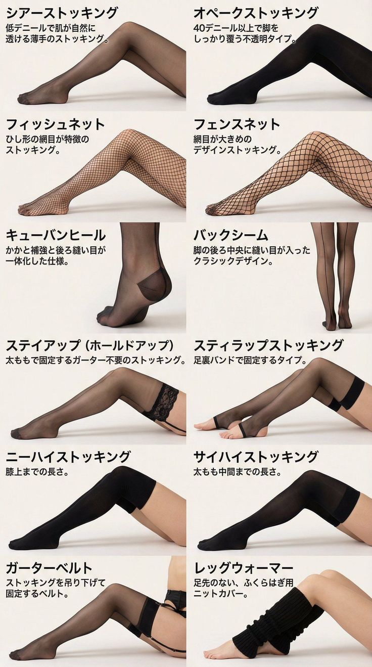 Multiple examples of stockings and legwear on various legs against a white background
