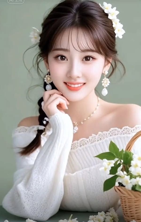 Woman with long hair and white flowers in her hair, wearing an off-shoulder top