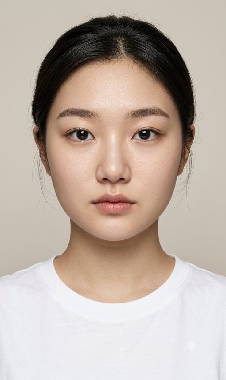 Woman with black hair wearing a white t-shirt in a studio portrait