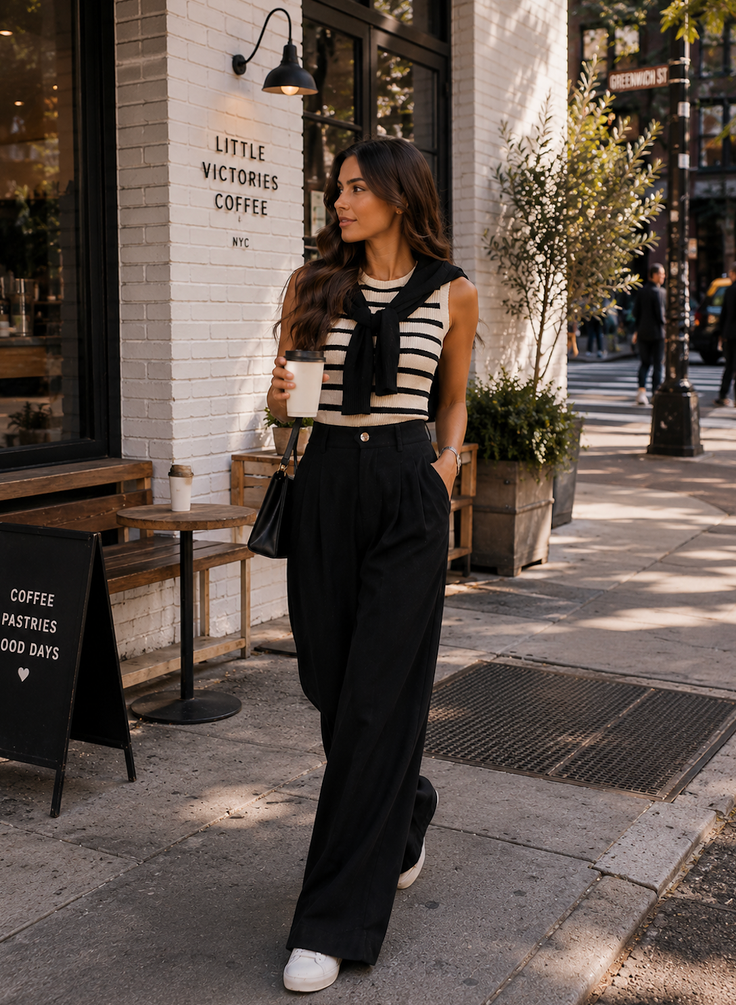 Woman in a striped top and wide leg pants walking past a coffee shop