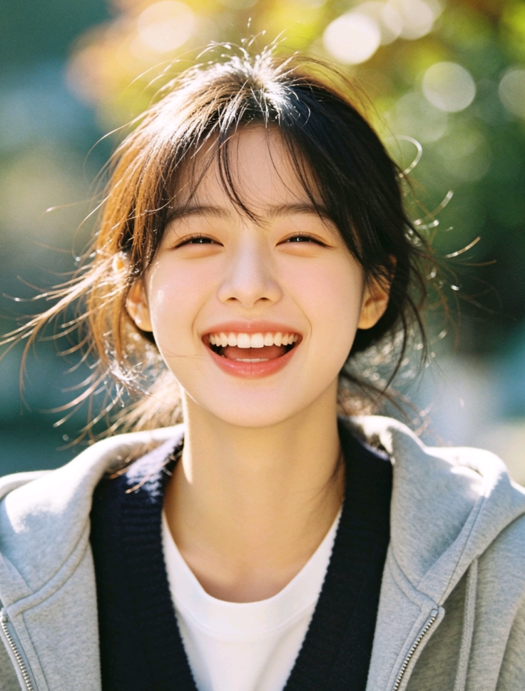 Young woman with a bright smile wearing a hoodie outdoors