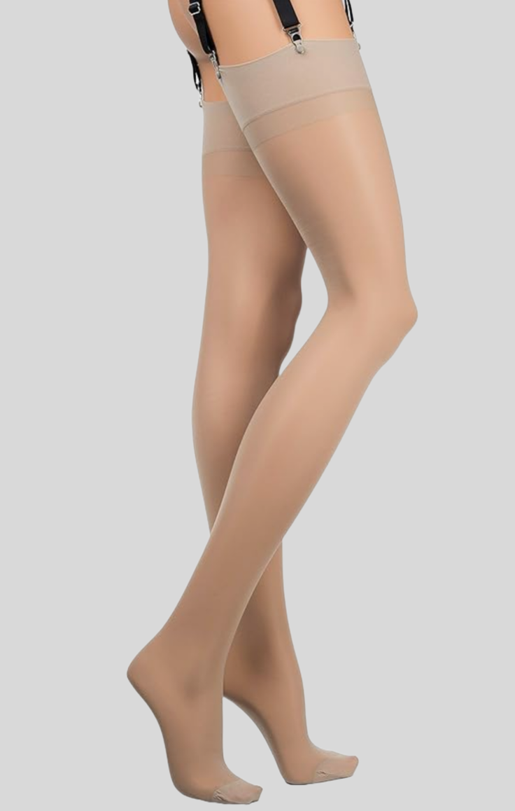 Woman's legs wearing nude-colored stockings and a garter belt