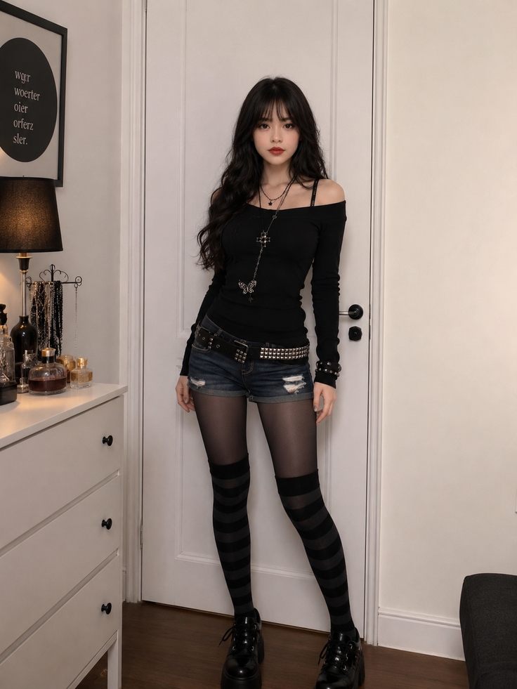 Woman with long black hair in an off-shoulder top, denim shorts, and striped stockings