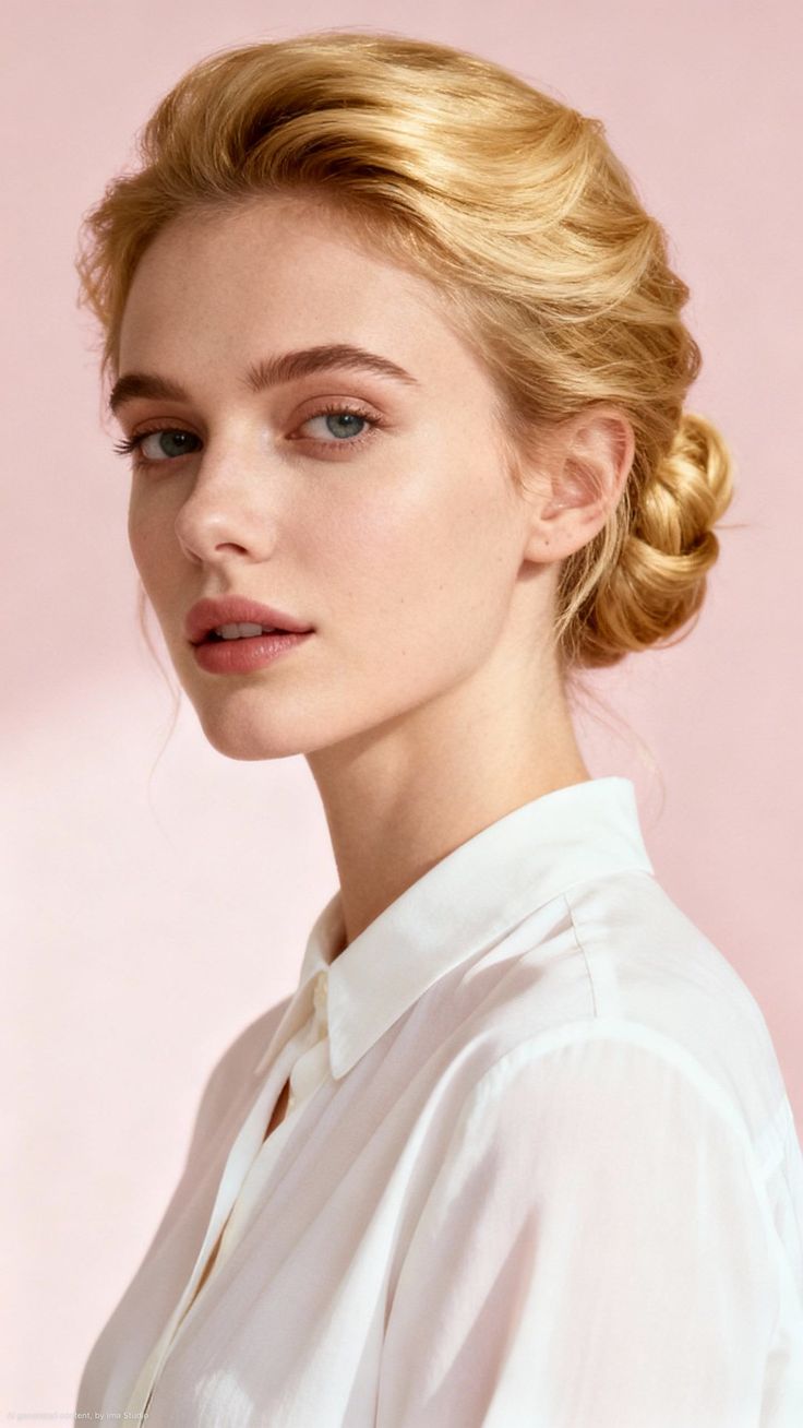 Woman with blonde hair in an updo wearing a white shirt against a pink background