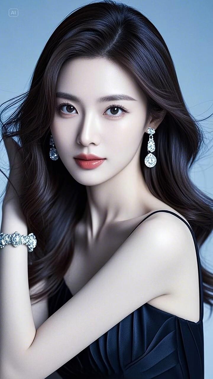 Woman with long dark hair wearing a black dress and diamond jewelry